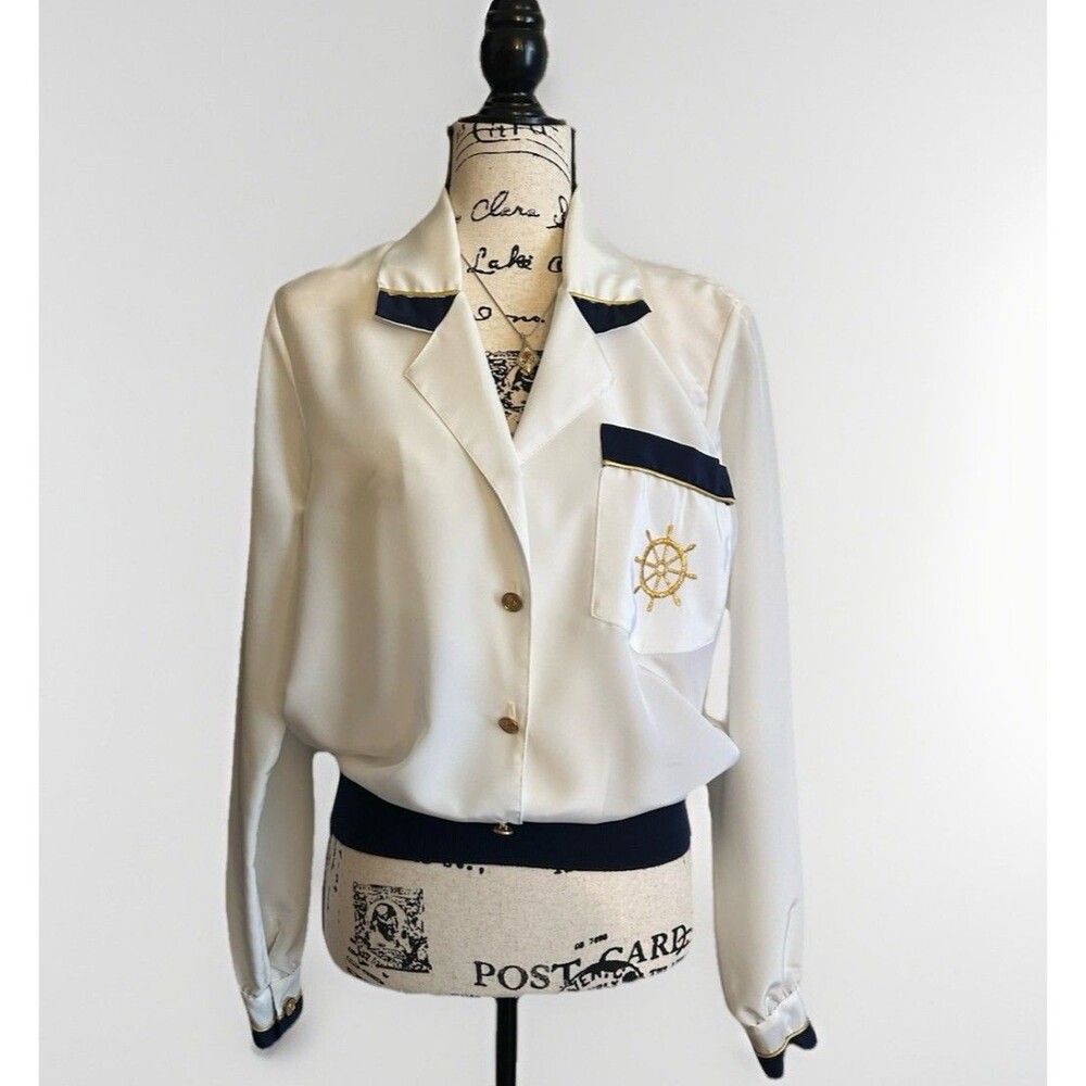 VTG 80s Jamboree New York Nautical Cruise Ship Blouse Fitted Waist Shoulder Pads